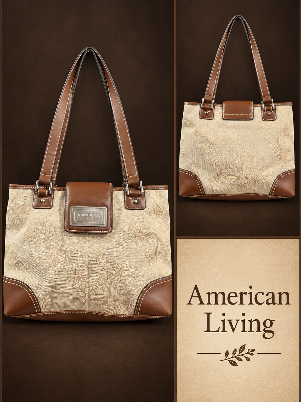 American Living Cream and Brown Embossed Canvas Tote